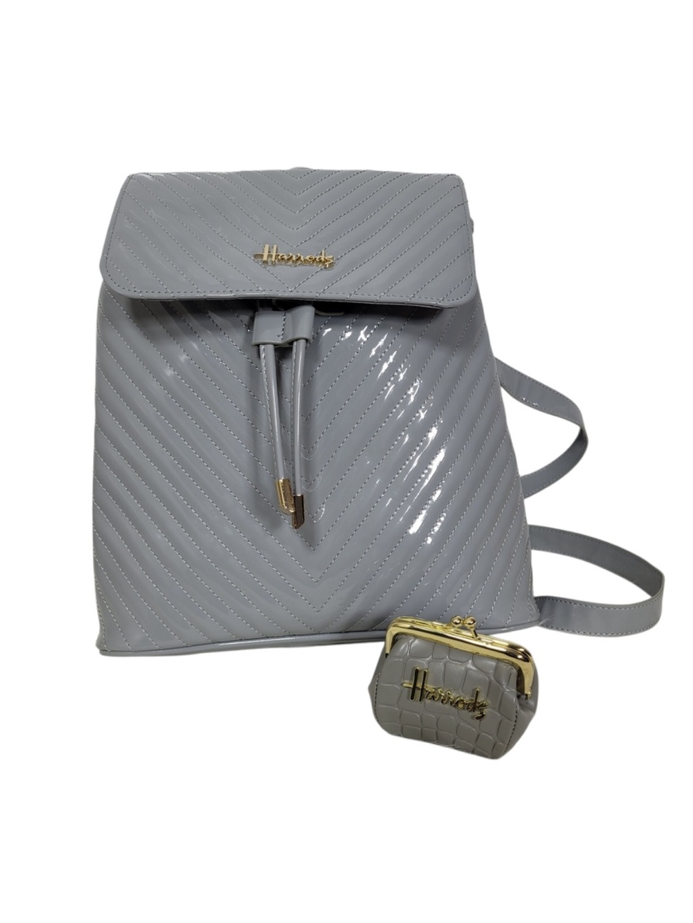 Harrods Gray Quilted Patent Backpack with Matching Coin Purse